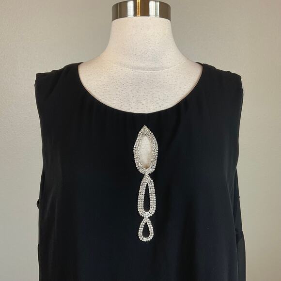 Black Beaded Chiffon Shift Cocktail Dress with Capelet Size 16W SLNY Cut Out - Picture 8 of 13